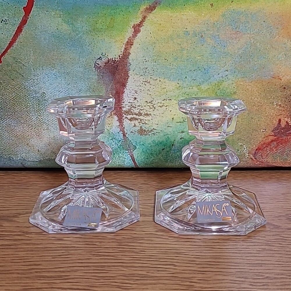 Vintage MIKASA Slovenia Crystal Candlestick Holder Set of 2 Clear